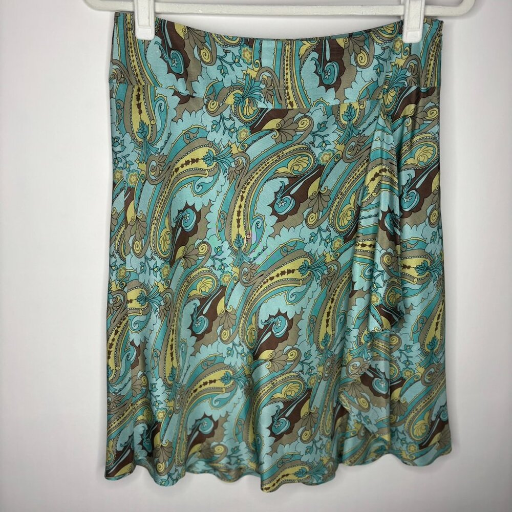 Vintage Ann Taylor Loft Green Paisley Skirt Fully Lined Size 4 Ruffle Side Zip